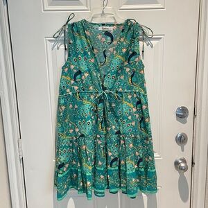 Bindu Turquoise Peacock A-Line Tiered Ruffle Sleeveless Dress Oversized XS Boho